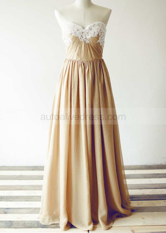 Champagne Chiffon Lace Decorated Neckline Prom Dress